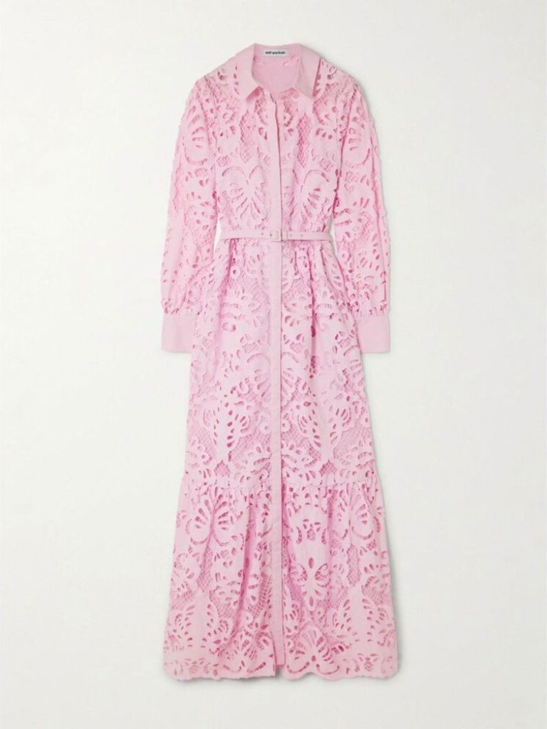 Self-Portrait Pink Cotton Lace Belted Maxi Dress Nwt Size 2